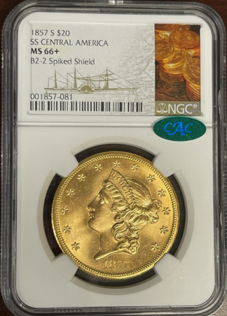 1857-S $20 Liberty SSCA Spike Shield NGC MS66 CAC + 1857-S $20 Liberty SSCA Spike Shield NGC MS66 CAC +