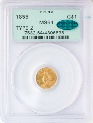 1855 $1 Gold Type 2 PCGS MS64 CAC 1855 $1 Gold Type 2 PCGS MS64 CAC