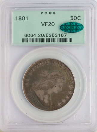1801 Draped Bust Half Dollar PCGS VF20 CAC 1801 Draped Bust Half Dollar PCGS VF20 CAC