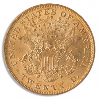 1873 $20 Liberty Open 3 Gold Coin PCGS Mint State 62(MS62) CAC