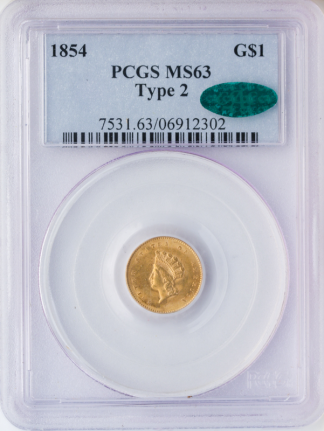 1854 Gold $1 Type II PCGS MS63 CAC 1854 Gold $1 Type II PCGS MS63 CAC
