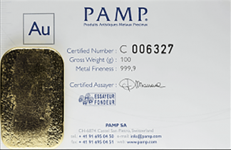 100 gram Pamp Mint Gold Bar (New w/Assay, Types Vary) 100 gram Pamp Mint Gold Bar (New w/Assay, Types Vary)