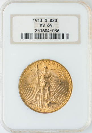 1913-D $20 Saint Gaudens NGC MS64