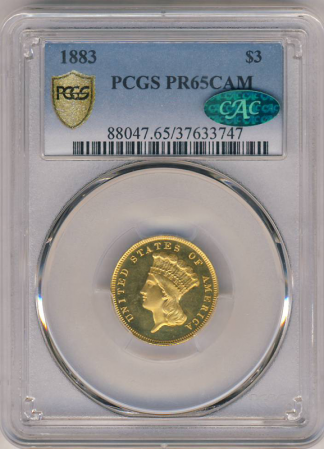 1883 $3 Indian Princess PCGS PR65 Cameo CAC