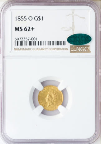 1855-O Gold $1 Type II NGC MS62 CAC + 1855-O Gold $1 Type II NGC MS62 CAC +