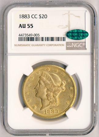 1883-CC $20 Liberty NGC AU55 CAC 1883-CC $20 Liberty NGC AU55 CAC