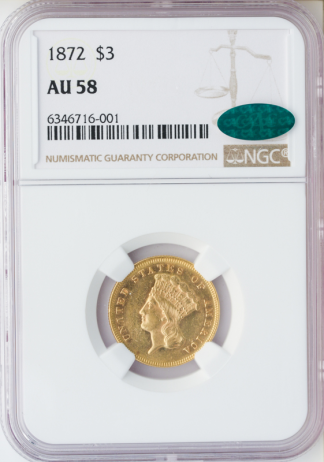 1872 $3 Indian Princess NGC AU58 CAC