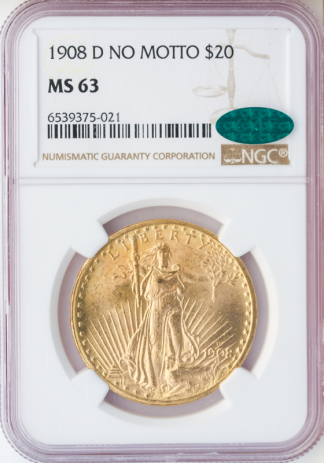 1908-D $20 Saint Gaudens No Motto NGC MS63 CAC