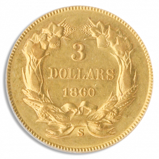 1860-S $3 Gold PCGS AU53 CAC 1860-S $3 Gold PCGS AU53 CAC