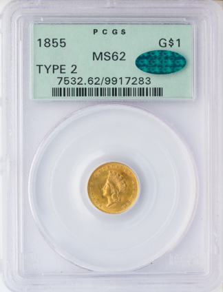 1855 $1 Gold Type 2 PCGS MS62 CAC