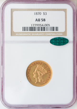 1870 $3 Indian Princess NGC AU58