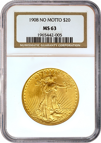 $20 Saint Gaudens No Motto Certified MS63 (Dates/Types Vary)