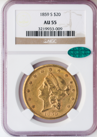 1859-S $20 Liberty NGC AU55 CAC