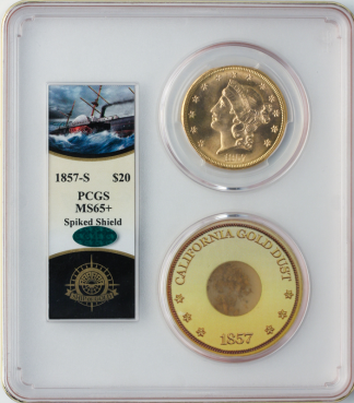1857-S $20 Liberty SSCA Pinch Of Dust PCGS MS65 CAC + 1857-S $20 Liberty SSCA Pinch Of Dust PCGS MS65 CAC +