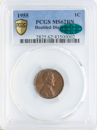 1955 Lincoln Cent Double Die PCGS MS62 Brown CAC