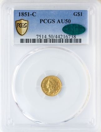 1851-C $1 Gold Type 1 PCGS AU50 CAC 1851-C $1 Gold Type 1 PCGS AU50 CAC