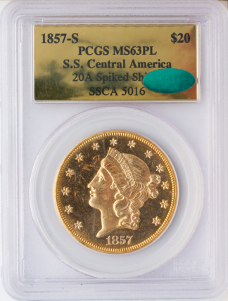 1857-S $20 Liberty SSCA PCGS MS63 CAC Proof Like