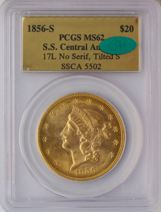 1856-S $20 Liberty SSCA No Serif Tilt S PCGS MS62 CAC 1856-S $20 Liberty SSCA No Serif Tilt S PCGS MS62 CAC
