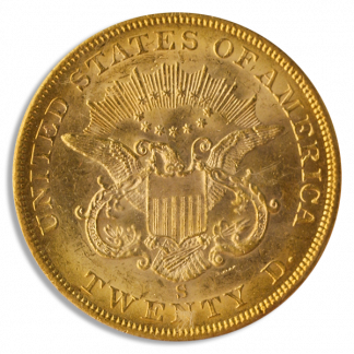 1856-S $20 Liberty SSCA No Serif Tilt S PCGS MS62 CAC 1856-S $20 Liberty SSCA No Serif Tilt S PCGS MS62 CAC