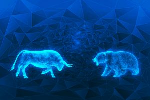 Bear and bull representing stock market with a futuristic element.