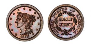 Obverse and reverse of the Braided Half Cent.