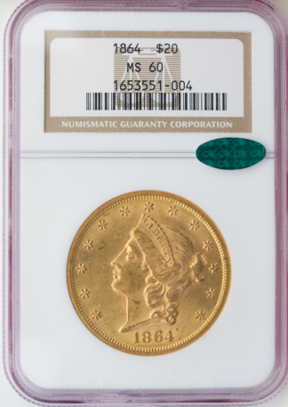 1864 $20 LIberty NGC MS60 CAC 1864 $20 LIberty NGC MS60 CAC