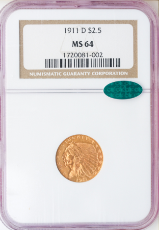 1911-D $2 1/2 Indian NGC MS64 CAC