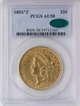 1853/2 $20 Liberty PCGS AU58 CAC