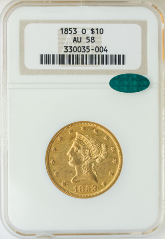 1853-O $10 Liberty NGC AU58 CAC