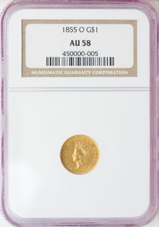 1855-O $1 Gold NGC AU58