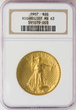 1907 $20 Saint Gaudens High Relied Wire Edge NGC MS63