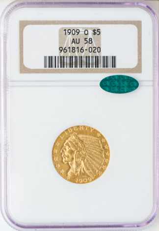 1909-O $5 Indian NGC AU58 CAC 1909-O $5 Indian NGC AU58 CAC