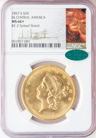 1857-S $20 Liberty SSCA Spike Shield NGC MS66 CAC + 1857-S $20 Liberty SSCA Spike Shield NGC MS66 CAC +