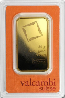50 gram Valcambi Gold Bar (New w/Assay, Types Vary)
