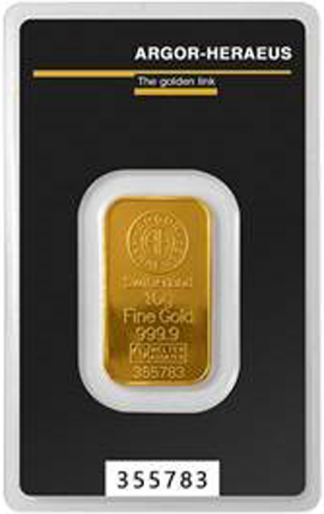 10 gram Argor-Heraeus Gold Bar (New w/assay, Types Vary)