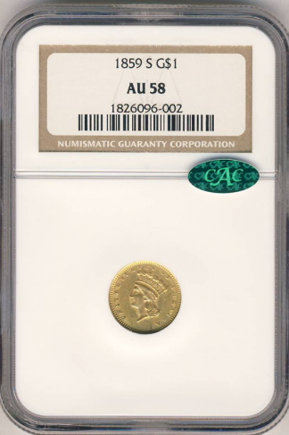 1859-S Type 3 Gold $1 NGC AU58 CAC 1859-S Type 3 Gold $1 NGC AU58 CAC