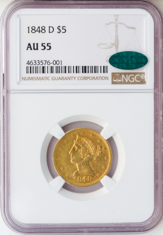 1848-D $5 Liberty NGC AU55 CAC 1848-D $5 Liberty NGC AU55 CAC