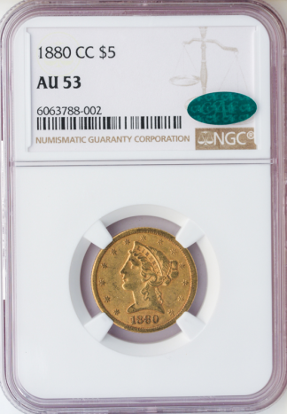 1880-CC $5 Liberty NGC AU53 CAC 1880-CC $5 Liberty NGC AU53 CAC