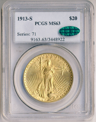 1913-S $20 Saint Gaudens PCGS MS63 CAC