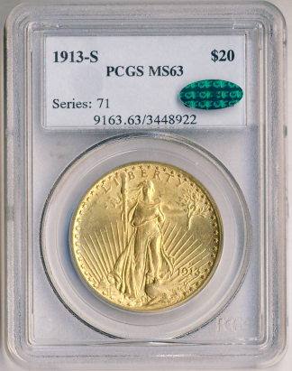 1913-S $20 Saint Gaudens PCGS MS63 CAC 1913-S $20 Saint Gaudens PCGS MS63 CAC