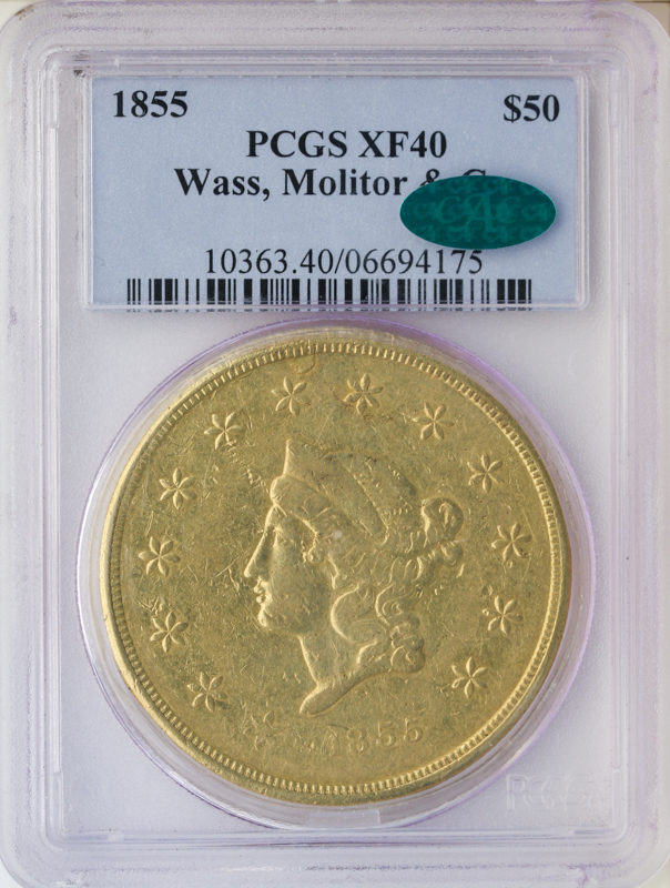 1855  $50 Wass, Molitor and Company PCGS XF40 CAC