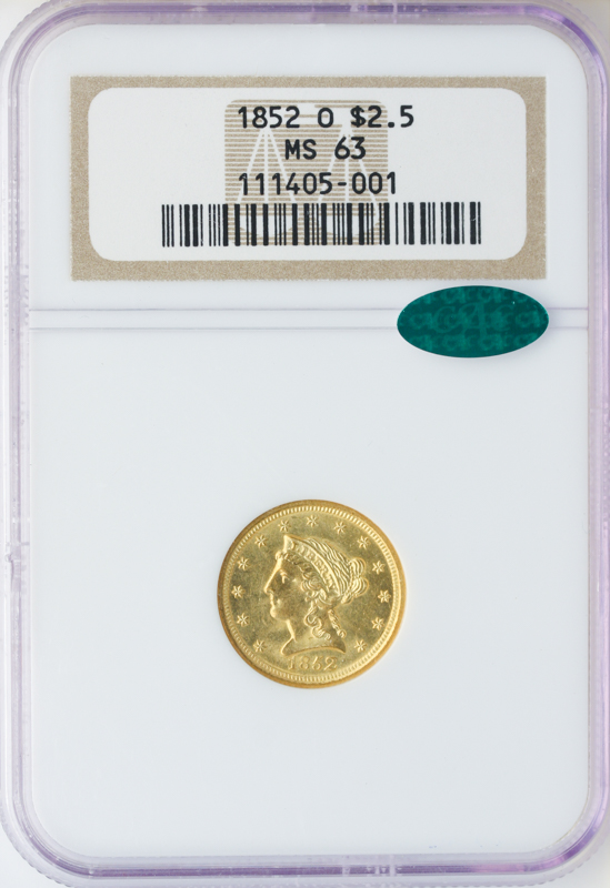 1852-O $2.50 Liberty NGC MS63 CAC 1852-O $2.50 Liberty NGC MS63 CAC