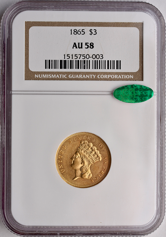 1865 $3 Indian Princess NGC AU58 CAC 1865 $3 Indian Princess NGC AU58 CAC
