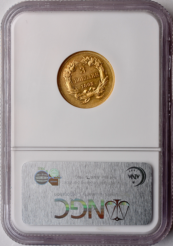 1865 $3 Indian Princess NGC AU58 CAC 1865 $3 Indian Princess NGC AU58 CAC