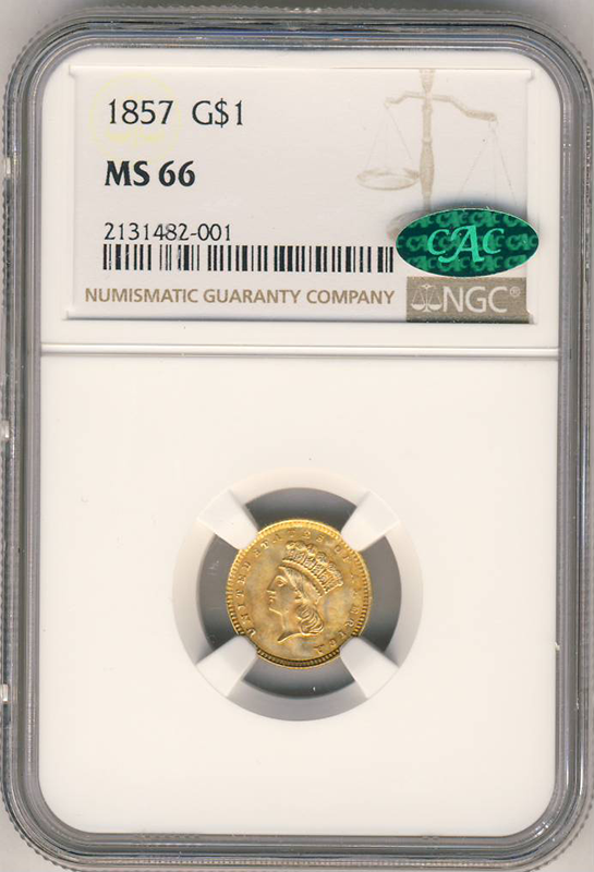 1857 Gold $1 Type 3 NGC MS66 CAC 1857 Gold $1 Type 3 NGC MS66 CAC