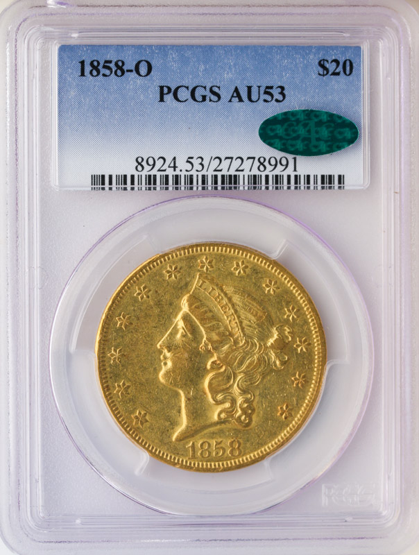 1858-O $20 Liberty PCGS AU53 CAC 1858-O $20 Liberty PCGS AU53 CAC