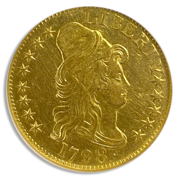1798 $5 Draped Bust Large 8, 14 Star Reverse NGC AU58 1798 $5 Draped Bust Large 8, 14 Star Reverse NGC AU58