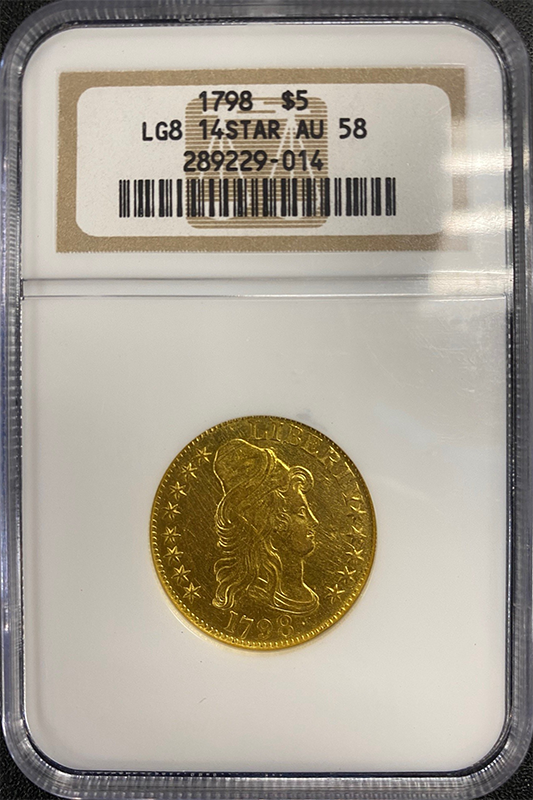 1798 $5 Draped Bust Large 8, 14 Star Reverse NGC AU58 1798 $5 Draped Bust Large 8, 14 Star Reverse NGC AU58