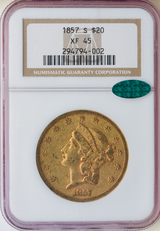 1857-S $20 Liberty NGC XF45 CAC 1857-S $20 Liberty NGC XF45 CAC