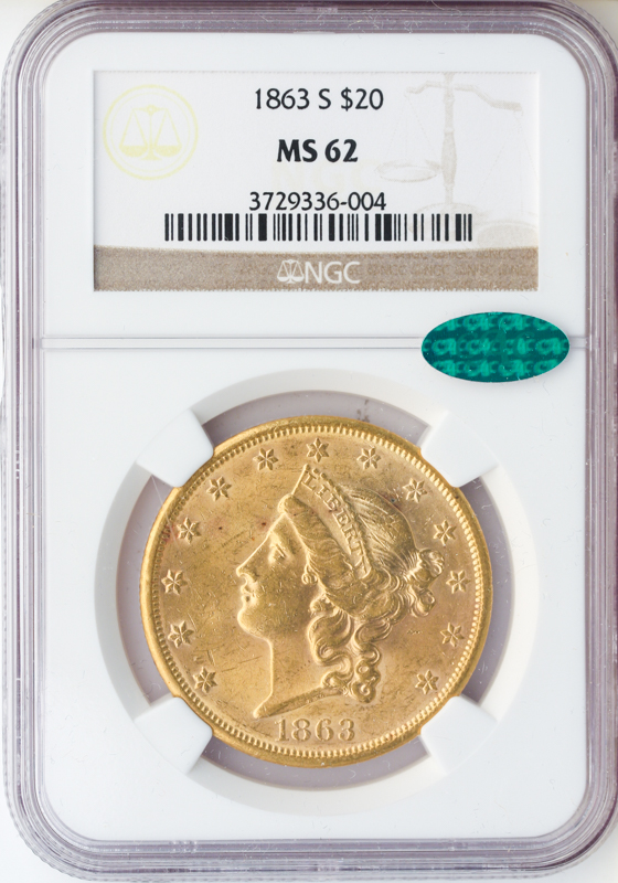 1863-S $20 Liberty NGC MS62 CAC 1863-S $20 Liberty NGC MS62 CAC